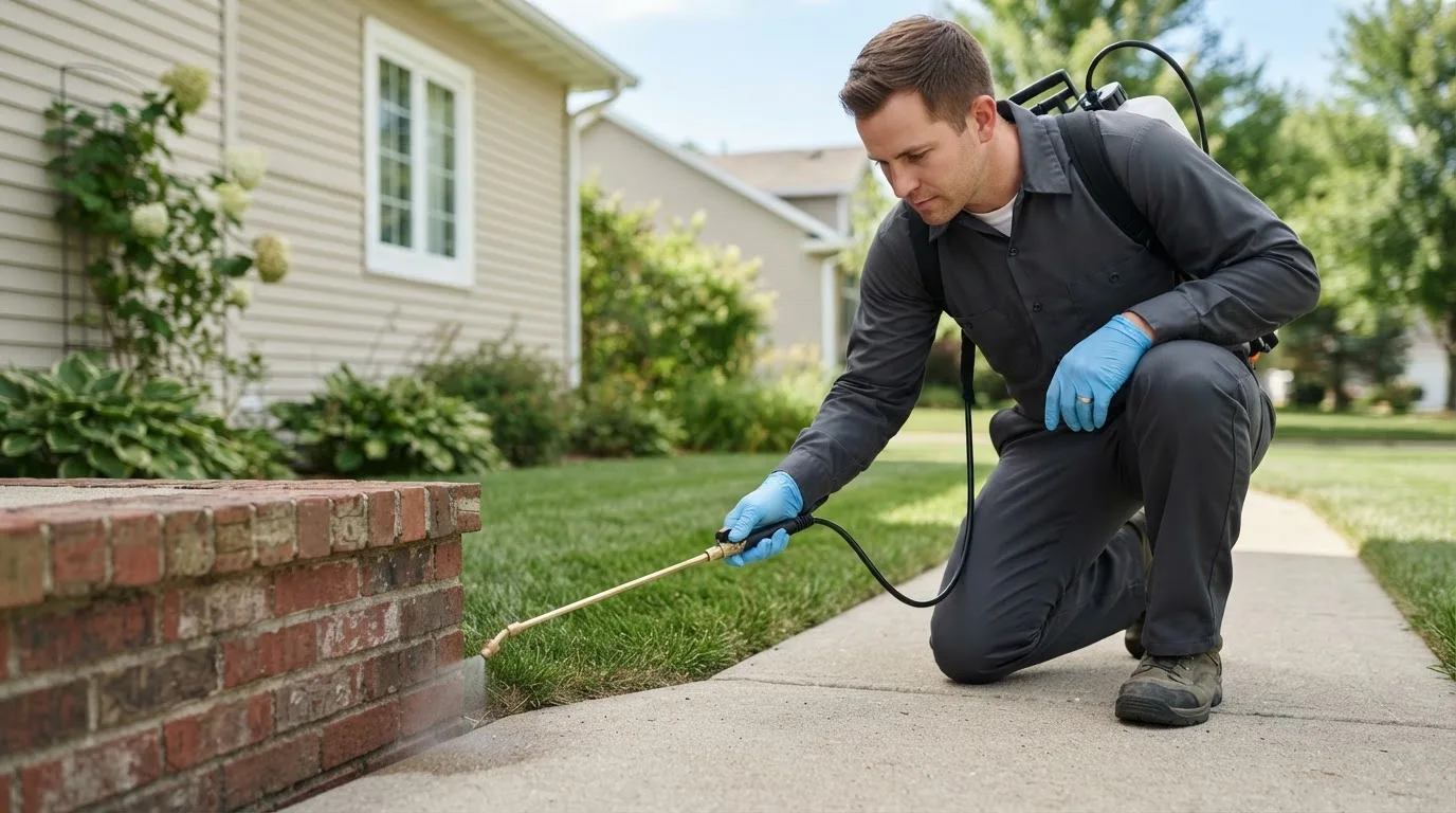 Pest control technician treating a home near Sanborn, MN