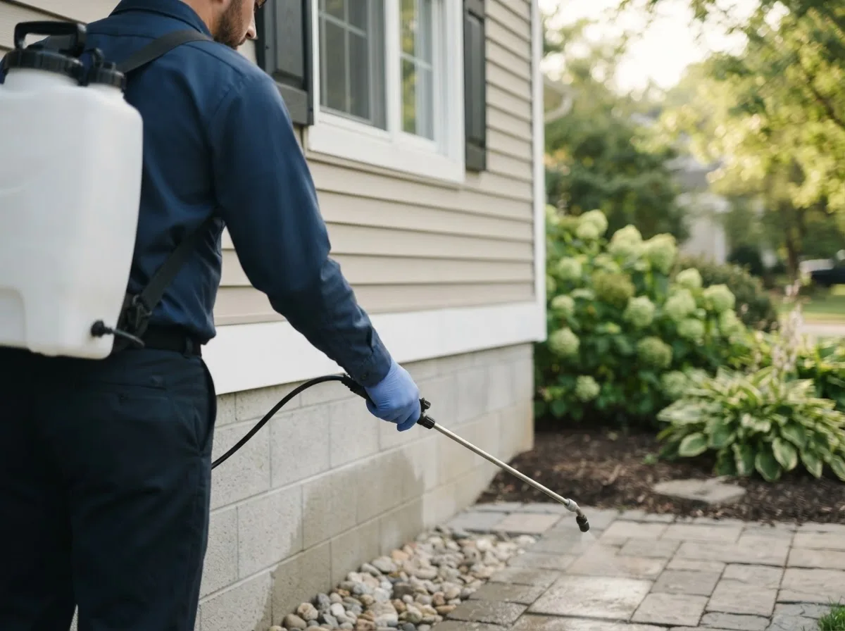 Pest control technician inspecting a home in Sanborn, MN